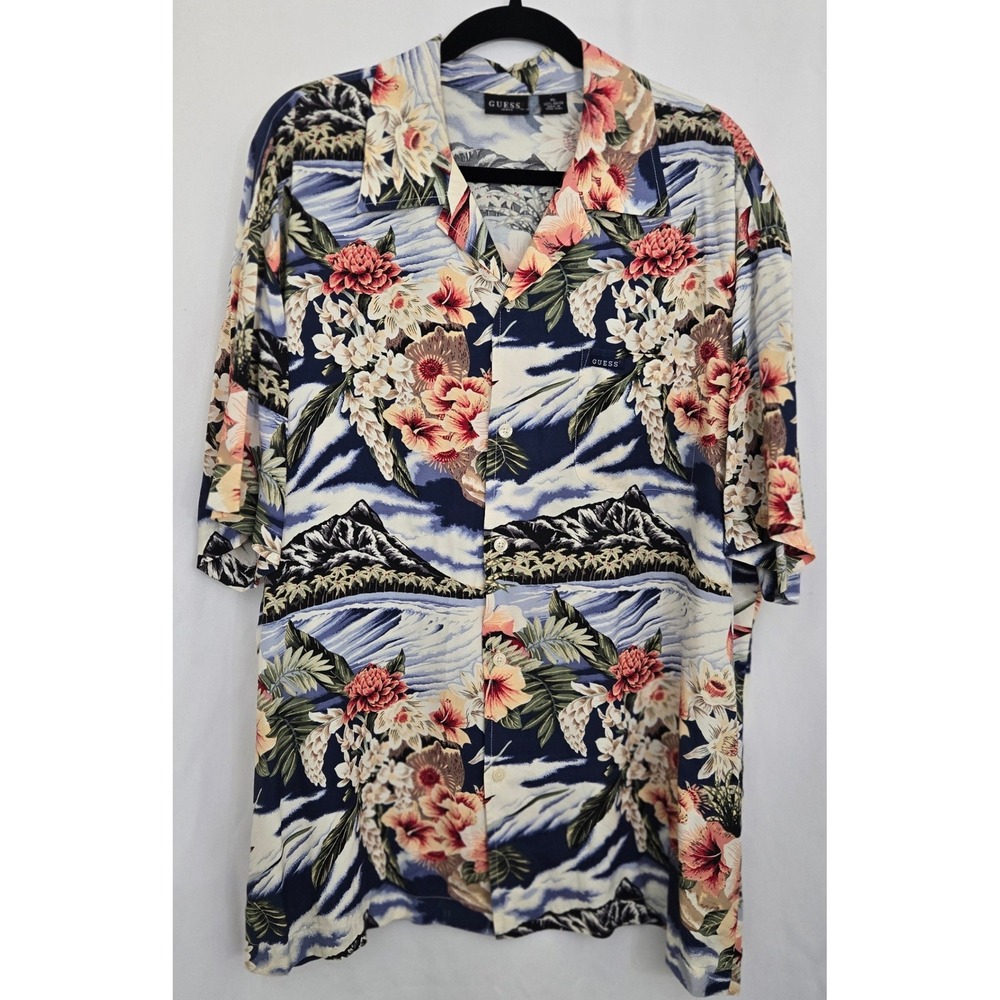 VINTAGE Guess Jeans XL Rayon Hawaiian Aloha Shirt Tropical Floral 90s Oversized